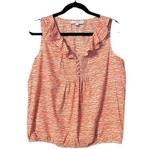 Loft Petites striped sleeveless blouse with ruffle neckline. Large Petite